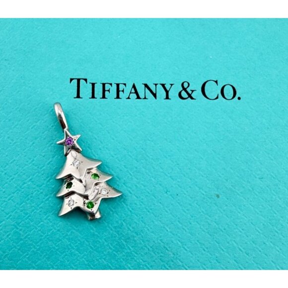 Tiffany & Co. 18k Christmas Tree Charm White Gold w/Sapphire Diamond Tsavorite - Picture 3 of 8